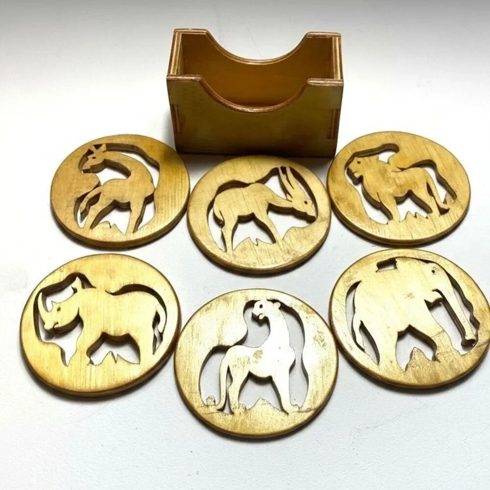 Hand-Carved Wooden Safari Animal Coaster Set with Holder – 6 Piece Jungle Decor